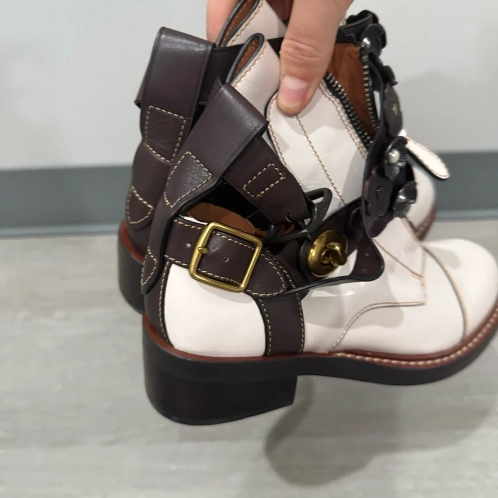 Coach Ankle Booties Chalk Oxblood Moto Cutout in White Leather - Picture 5 of 10